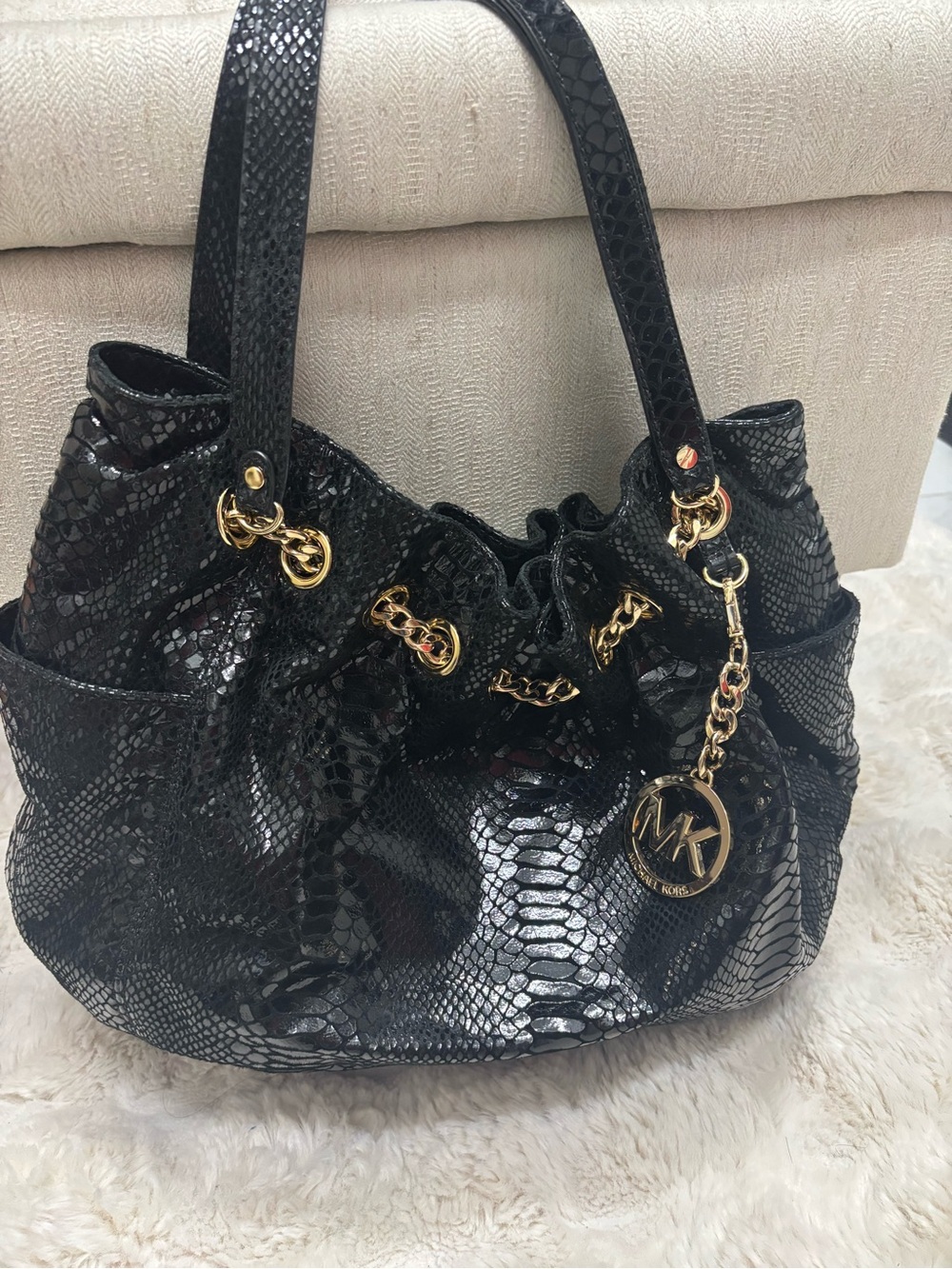 Michael Kors Black Snake-Embossed Shoulder Bag with Gold Hardware